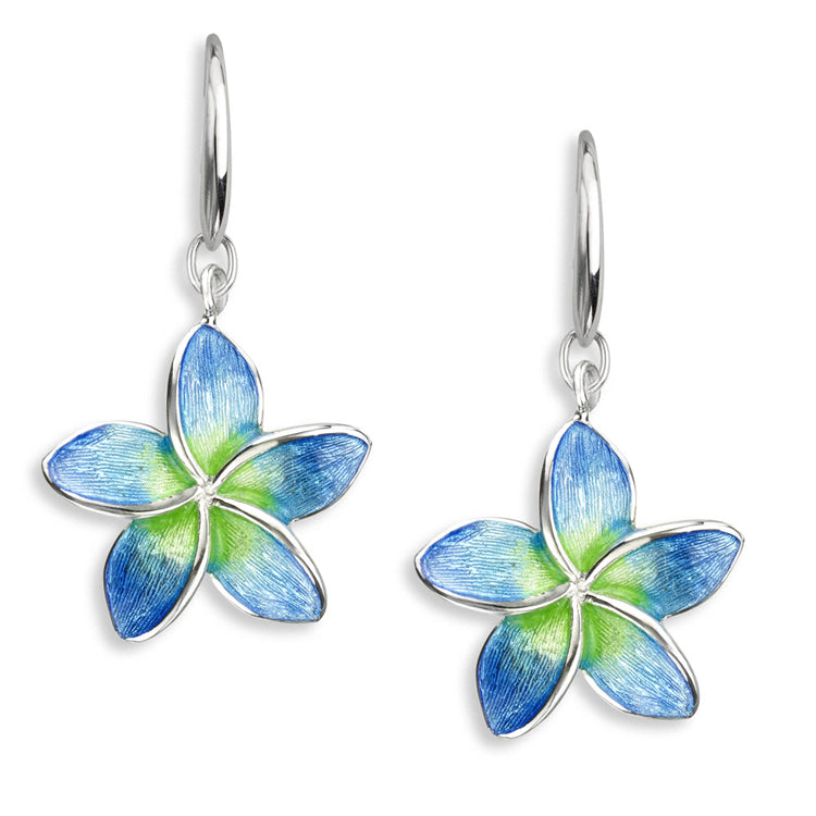 Blue Plumeria Flower Wire Earrings in Sterling Silver with Vitreous Enamel by Nicole Barr Jewelry. Rhodium Plated for easy care. Polished finish 