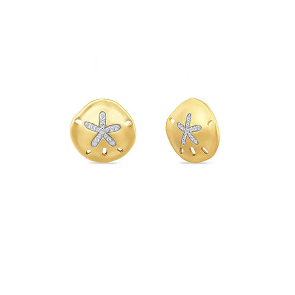 A pair of 14Kt gold domed sand dollar post earrings with a central diamond and additional smaller diamonds around the edge.
