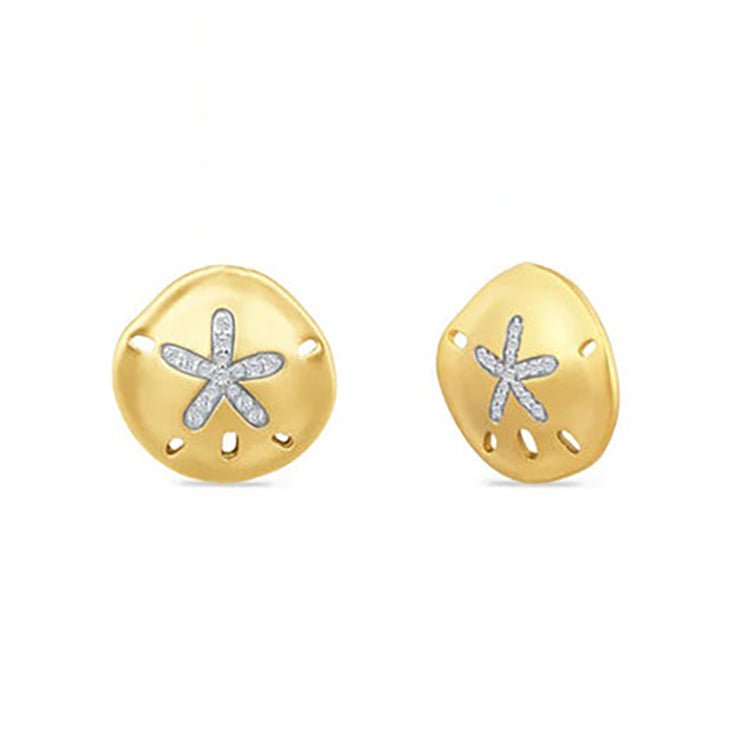 A pair of 14Kt gold domed sand dollar post earrings with diamond set star centers.
