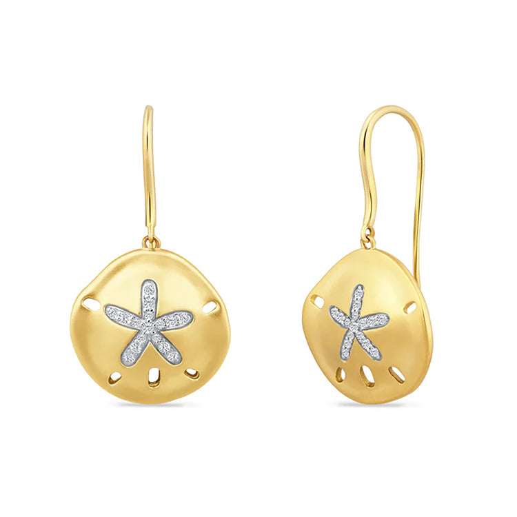 14KT Gold Domed Sand Dollar Earrings on Wires with .16TW Diamonds. Dimensions; 17mm Diameter, 1-1/4" drop