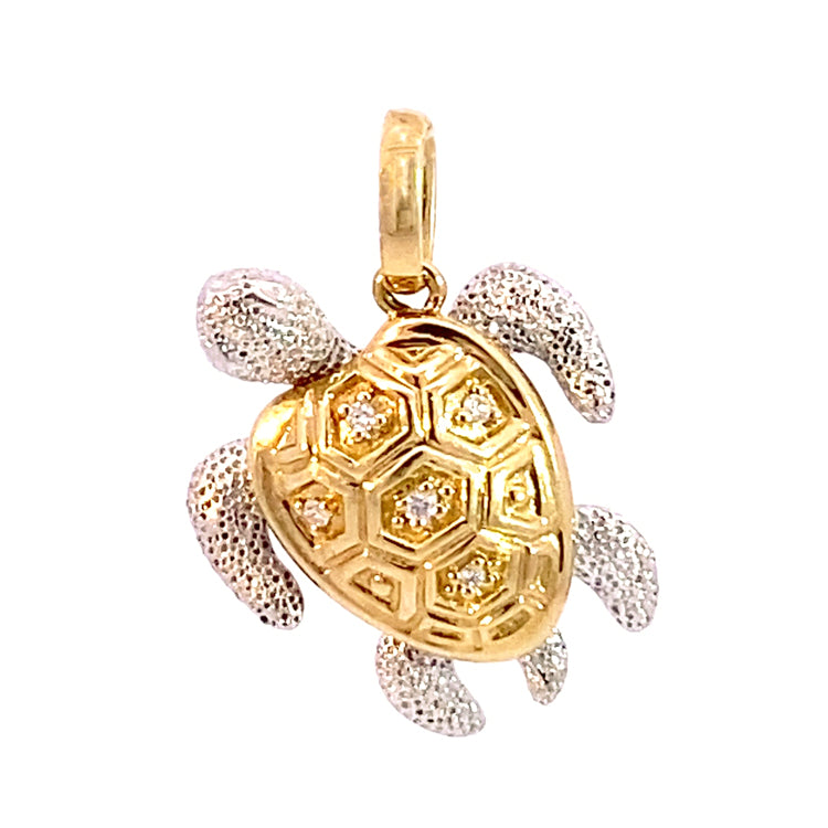 14KT Yellow and White Gold Articulated Turtle Pendant with .06TW Diamonds.  A 14Kt Yellow Gold, 18" cable chain is included.