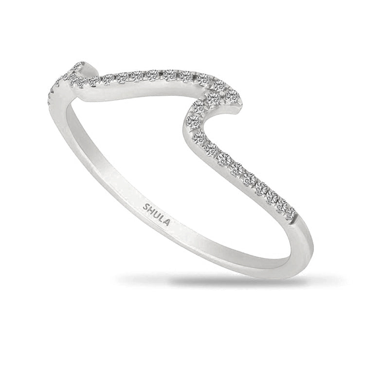 14Kt white gold Petite Wave ring with .10tw Diamonds. Stock size 6.5 , can be sized to order. Dimensions; 5mm across the top, 1.25mm shank.