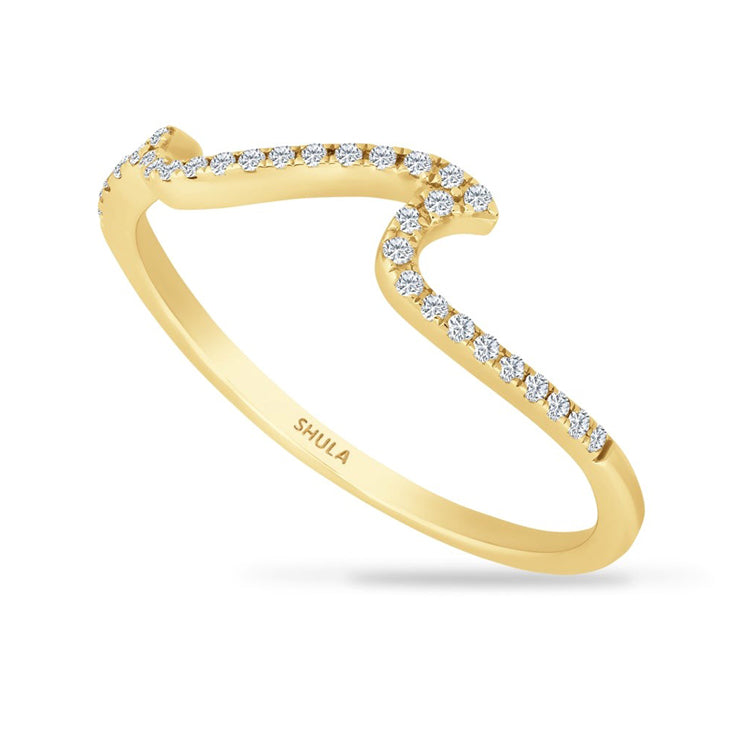 14Kt yellow gold Petite Wave ring with .10tw Diamonds. Stock size 6.5 , can be sized to order. Dimensions; 5mm across the top, 1.25mm shank.