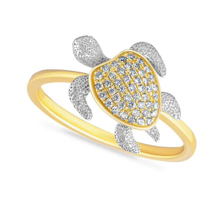 14KT Yellow and White Gold Ring featuring a Turtle with .17TW Diamonds in the shell on a narrow band - Movable Flippers and Head. Dimensions; 1/2 Inches Wide. Stock size 6.5, can be sized to order