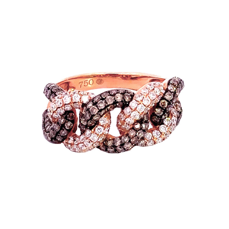 18Kt Pink Gold Ring with "Links" of Brown and White Diamonds, 1.67tw. Stock size 6.5