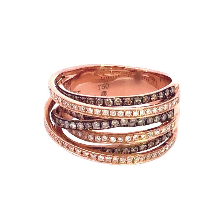 18Kt Pink Gold Three Bands over Three Bands Ring with .97TW of White and Brown Diamonds. Stock size 6.75