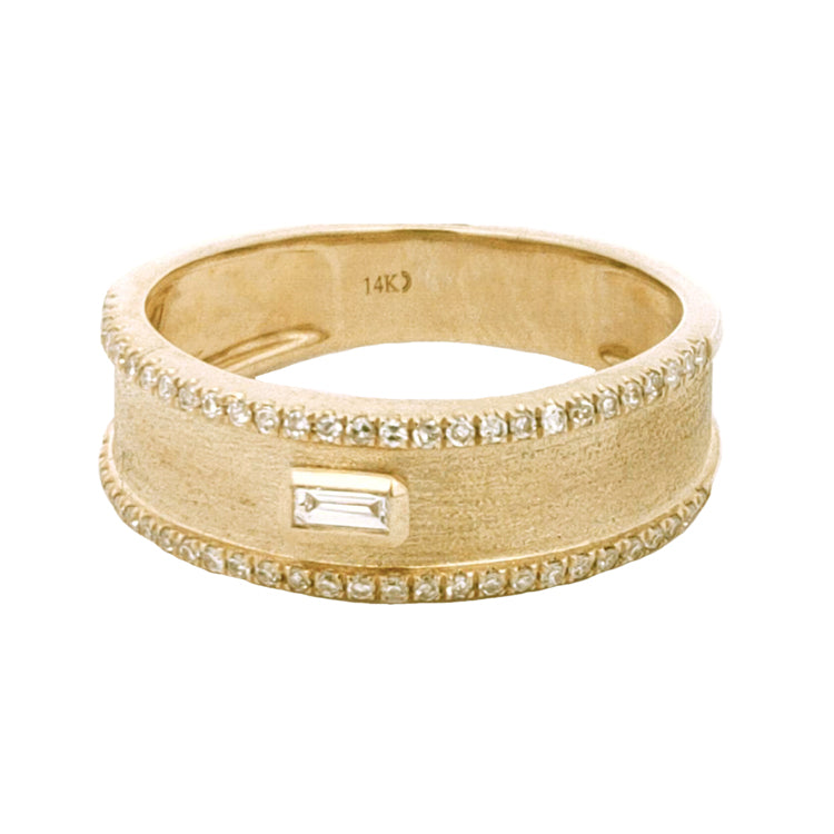 14Kt Yellow Gold Diamond Edged Band with  Baguette center and round Diamonds, 0.26tw. Stock size 6.5