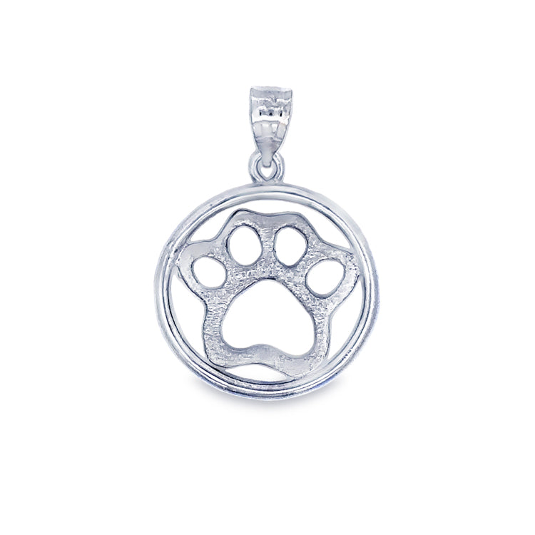 14Kt White Gold Circle of Love Paw Print Pendant with Satin Finished Pawprint. An original Cedar Chest Design.  Dimensions: 3/4&quot; diameter, 1&quot; total drop