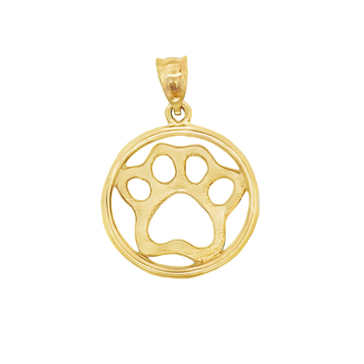 14Kt Yellow Gold Circle of Love Paw Print Pendant with Satin Finished Pawprint. An original Cedar Chest Design.  Dimensions: 3/4&quot; diameter, 1&quot; total drop