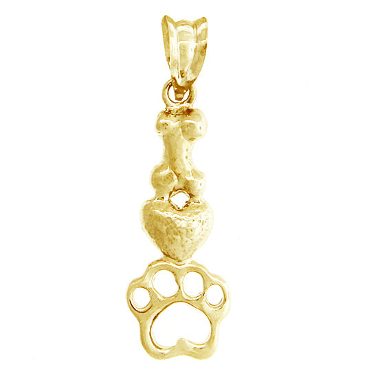 "Yogi Dog" 14Kt yellow gold pendant with paw print, heart and Dog bone design 