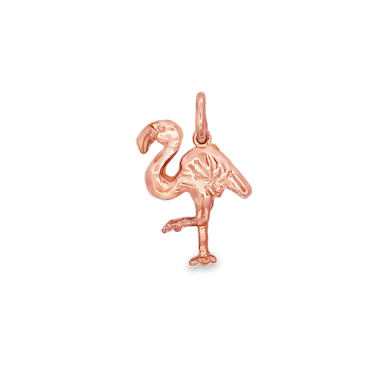 14Kt Pink Gold Solid 3-D Flamingo Charm. An Original Cedar Chest Design. - Also Available in White or Yellow Gold  Dimensions: 3/4&quot; Drop Including Jumpring, 1/2&quot; Width