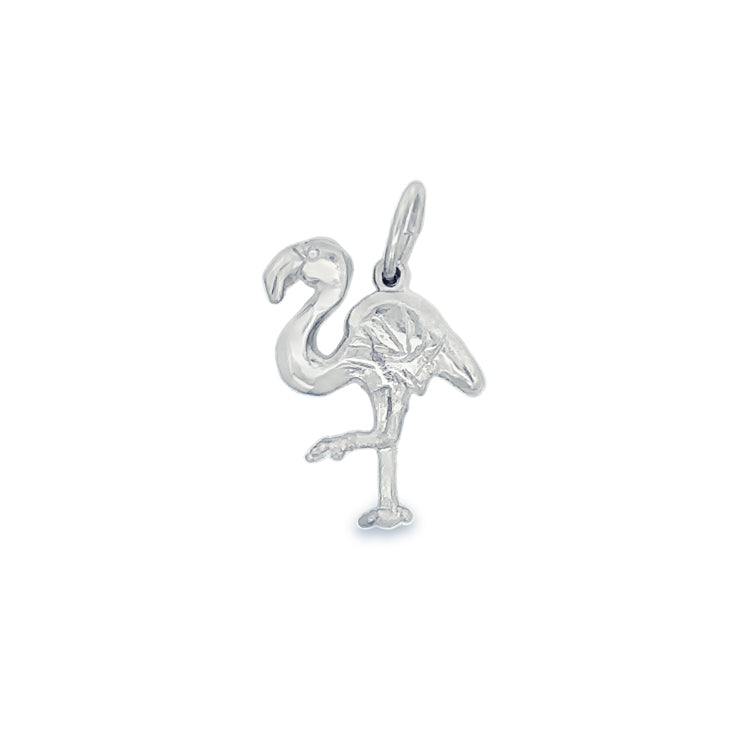 14Kt White Gold Solid 3-D Flamingo Charm. An Original Cedar Chest Design. - Also Available in Pink or Yellow Gold  Dimensions: 3/4&quot; Drop Including Jumpring, 1/2&quot; Width