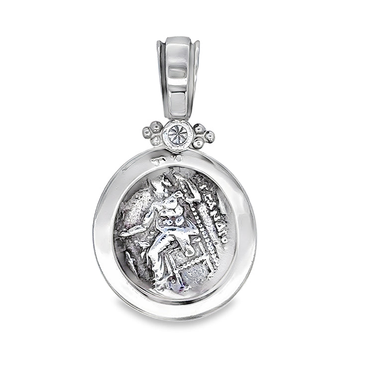  Ancient Greek Silver Drachm - Herakles/Zeus Coin Pendant Circa 336 - 323 B.C.. Reverse: Zeus enthroned left, holding eagle and scepter. Framed in 18Kt Palladium White Gold with .20CT Diamond.