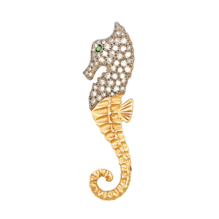 14Kt Yellow Gold and Diamond Seahorse Pin/Pendant, .57tw with Tsavorite eye.  Dimensions; 2" long, 1/2" wide