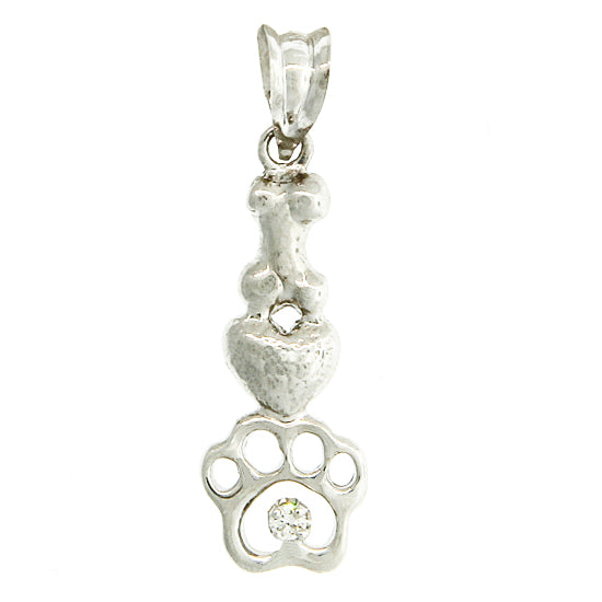 14Kt white gold "Yogi Dog" pendant with a vertically stacked dog bone, heart and a cut out paw print with a .02ct diamond in the center.