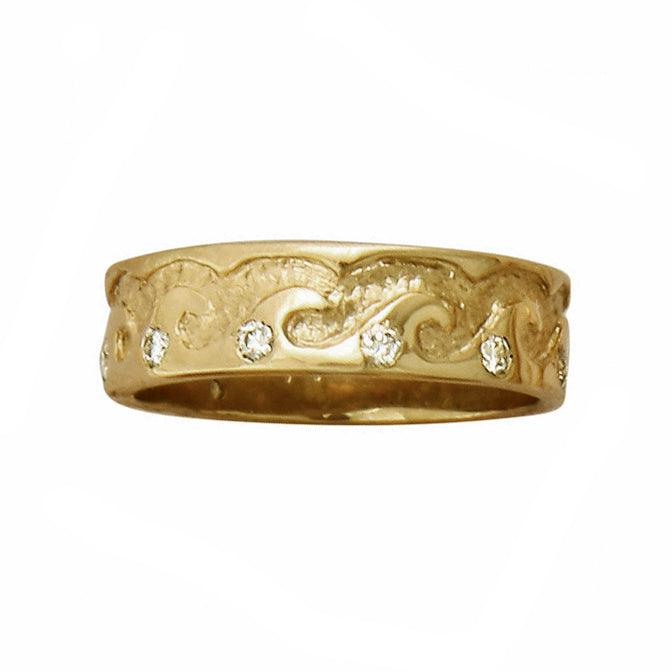 14Kt Yellow Gold Ladies Wave Ring with .36TW Diamonds. Stock size 6. Ring can be sized to order up to size 8. For sizes larger than size 8, please order SKU # Z4-R368MD
