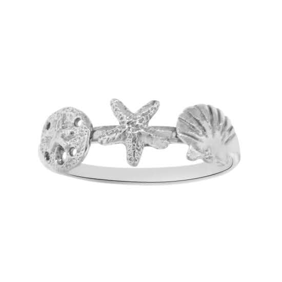 14Kt White Gold Stackable Three Shell Ring, Scallop Starfish and Sand Dollar. An Original Cedar Chest Design. Stock size 7.5, 6mm shells.
