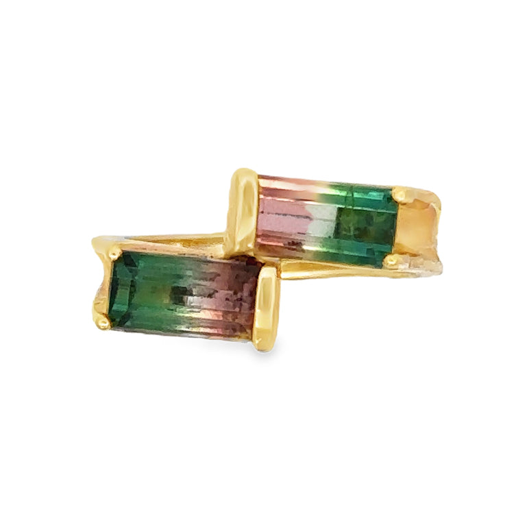 Bi-Color Tourmaline and Diamonds Ring, 14Kt