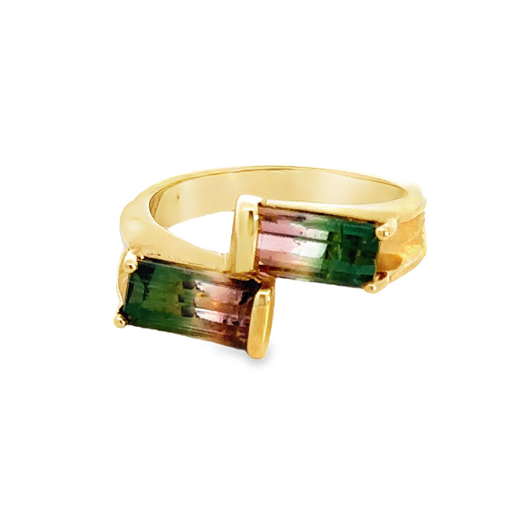 Bi-Color Tourmaline and Diamonds Ring, 14Kt