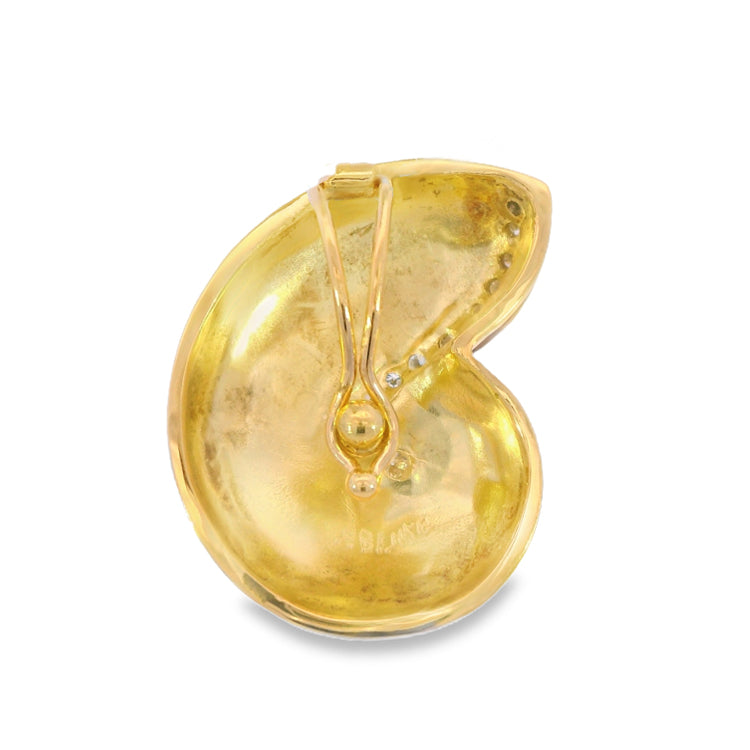 Reverse view of 18Kt Yellow Gold Medium Nautilus Shell Pendant with Teal and Yellow Glass Enamel, .12TW Diamonds, and an Enhancer Bail. Dimensions: 3/4" Drop, 3/4" Width.