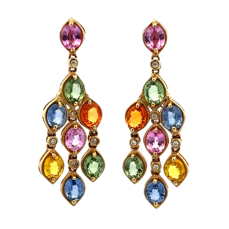video of 14Kt Yellow Gold and Fancy Color Sapphire Chandelier Style Dangle Earrings, 7.16tw Fancy Pink, Green, Orange, Yellow and Blue Sapphires  with .08tw Diamonds. Posts with Heavy Friction Backs.