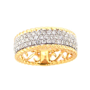 video of 14KT Yellow Gold Rope Edge Pave' Band with .75TW Diamonds Highlighted with Rhodium.   Stock Size 6.5.