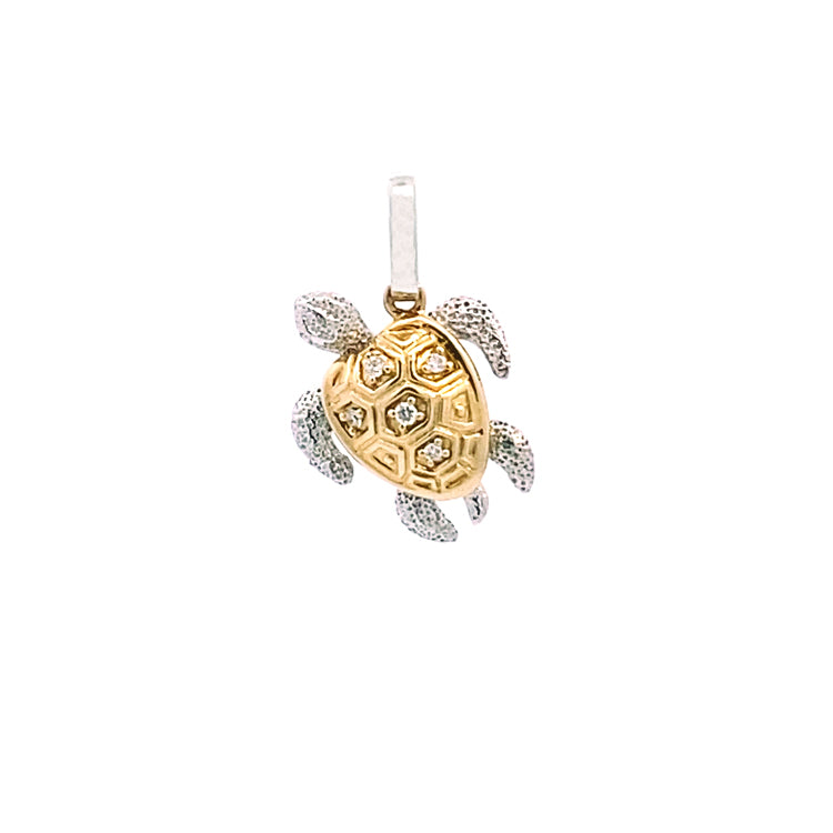 14KT Yellow and White Gold Articulated Turtle Pendant with .06TW Diamonds.  A 14Kt White Gold, 18" cable chain is included.