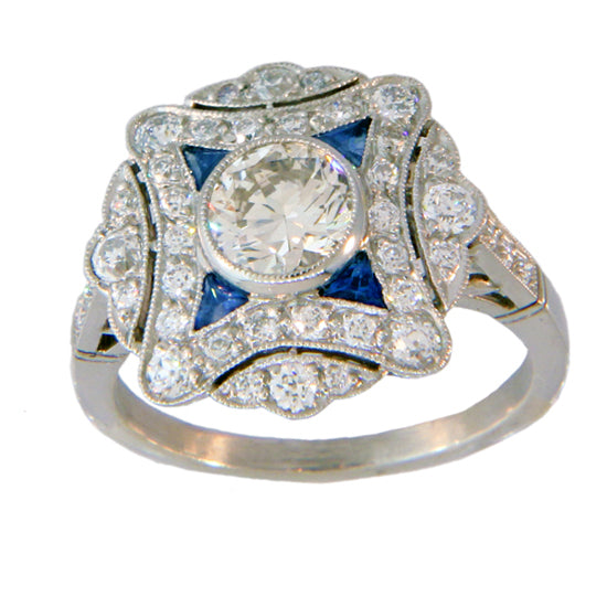 Platinum Estate Diamond and Sapphire Ring