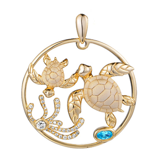14Kt Yellow Gold Turtles Pendant with Blue Topaz and .29TW of Diamonds by Alamea.