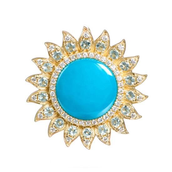14Kt Yellow Gold Sun Pendant with .58TW Aquamarine and .34TW of Diamonds by Alamea.