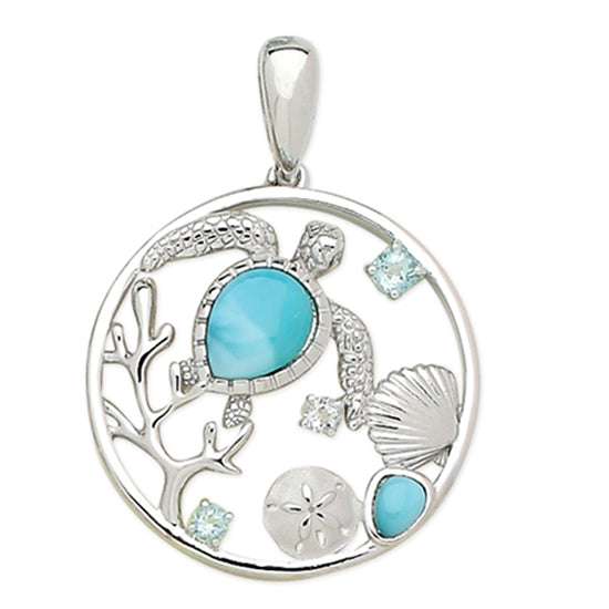 Sterling Silver and Larimar Turtle in Circle Pendant with Aquamarine