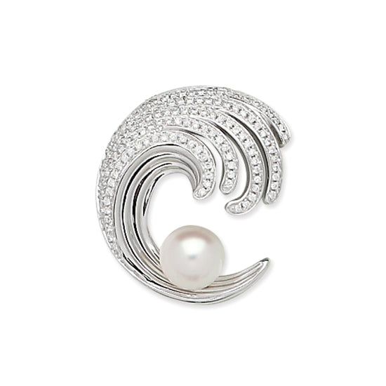 White Gold Wave Pendant with Diamonds and Pearl