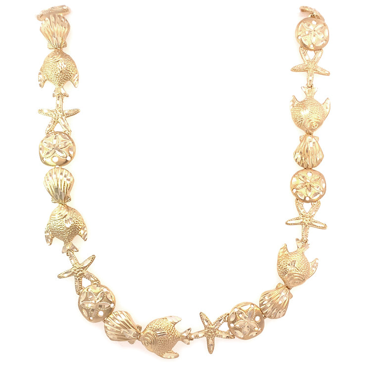 14Kt Yellow Gold Diamond Cut Sealife Necklace Featuring Sand dollars, Scallops, Starfish and Fish  17.25&quot; long with Lobster claw clasp.