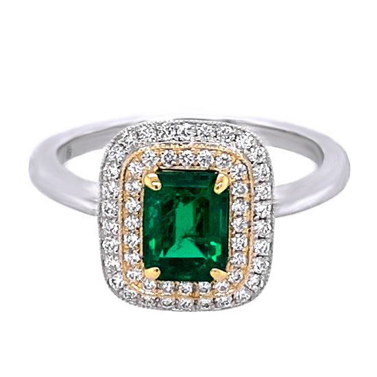14Kt Two Tone Emerald and Diamond Double Halo Ring