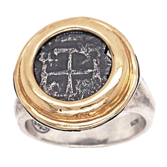 Spanish Cob Coin Ring - half reale in Sterling &amp;18Kt