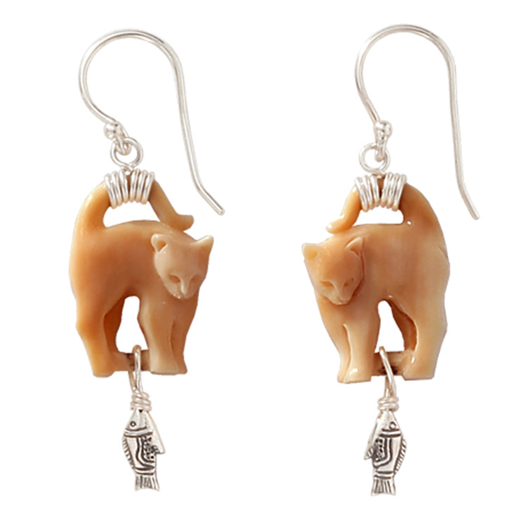 &quot;Cat&#39;s Meow&quot; Fossilized Mammoth Ivory and Sterling Silver Earrings by Zealandia. Due to the Natural color variation of Fossil material, Ivory color can vary and may be somewhat darker or lighter than pictured.  Dimensions:  1-7/8&quot; Drop, 5/8&quot; Width