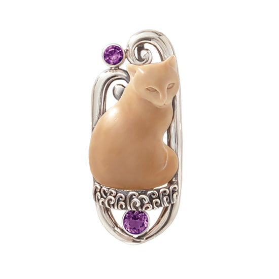Sterling Silver and Fossilized Mammoth Ivory &quot;Companion&quot; Cat Pendant set with Amethyst accent stones by Zealandia.Due to the Natural color variation of Fossil material, Ivory color can vary and may be darker or lighter than pictured.  Dimensions:  1 3/4&quot; Drop, 3/4&quot; Width