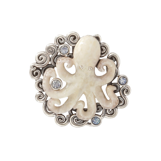 Sterling Silver Octopus Pendant with Fossilized Ivory and set with Rainbow Moonstone by Zealandia