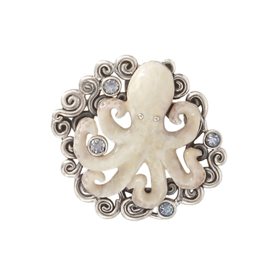 Fossilized Ivory Octopus Pendant with Sterling Silver and Rainbow Moonstones, by Zealandia.