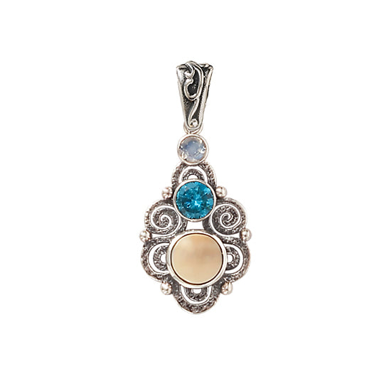 Sterling Silver and Fossilized Mammoth Ivory "Stardust" Spiral Pendant Set with Faceted Blue Topaz and Rainbow Moonstone Accents by Zealandia