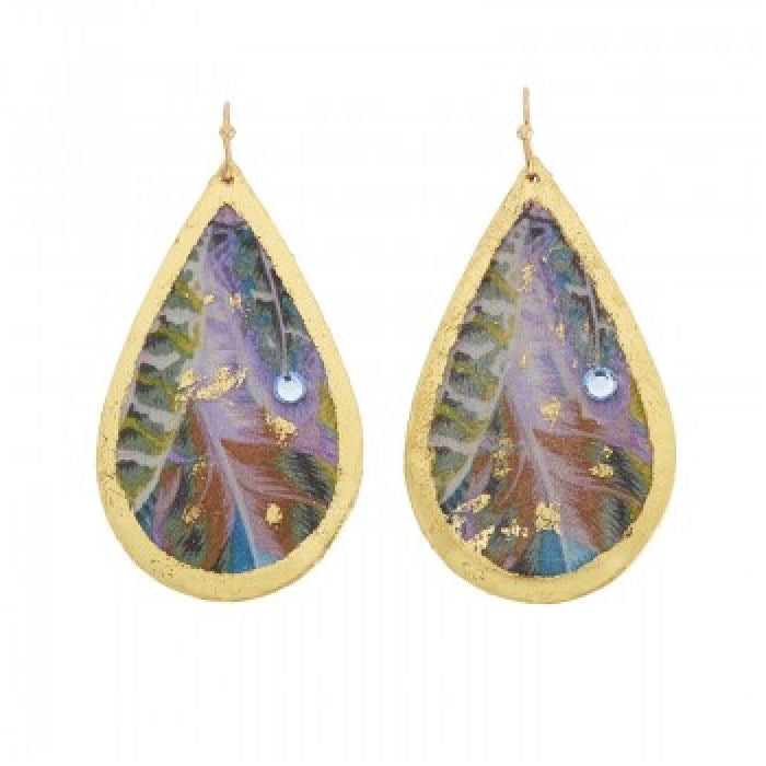 Handcrafted Brass large Teardrop Earrings with 22Kt Gold Leaf "Birds of a Feather" with Swarovski Crystal, on wires by Evocateur - 2 1/2" Drop