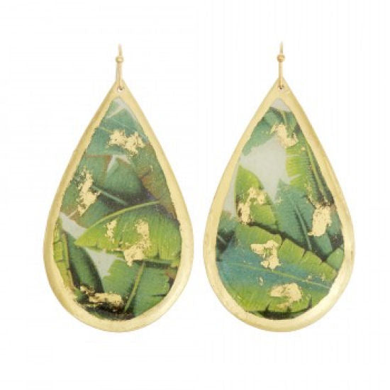 Handcrafted Brass Large Teardrop Earrings with 22Kt Gold Leaf &quot;Banana Leaf&quot; on wires by Evocateur - 2 1/2&quot; Drop