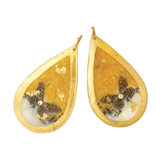 Handcrafted Brass Teardrop Earrings with 22Kt Gold Leaf "Gold Rush Butterfly" on wires with Swarovski Crystals by Evocateur - 1 1/2" Drop