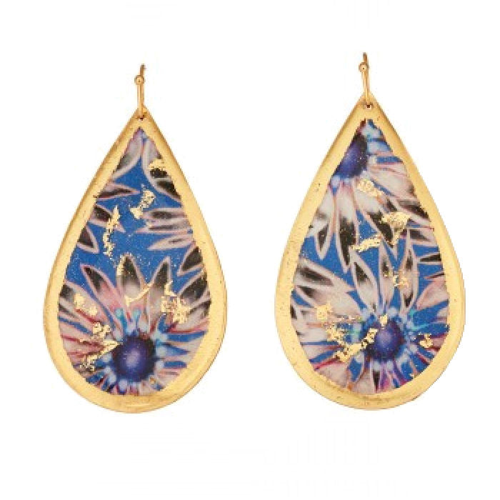 Handcrafted Brass Earrings with 22Kt Gold Leaf "Santorini" Large Teardrop Earrings on Wires by Evocateur - 2 1/2" Drop