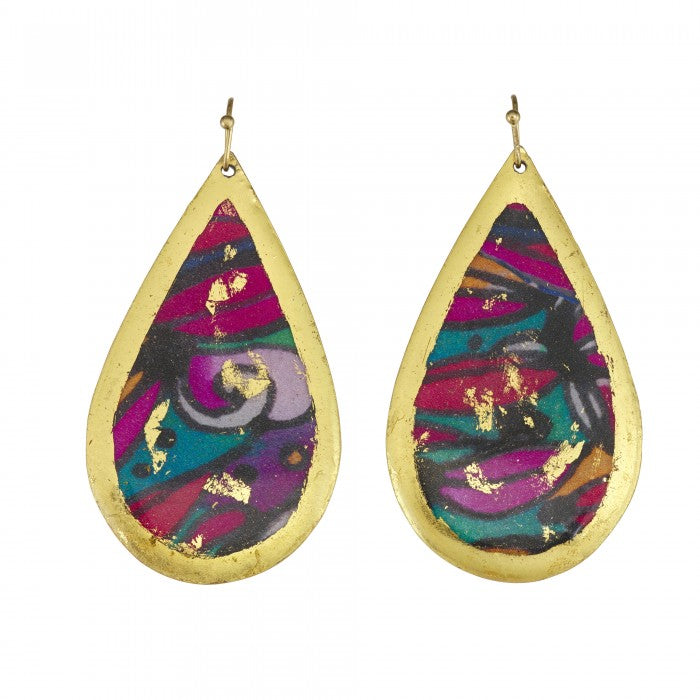 Handcrafted Brass Teardrop Earrings with 22Kt Gold Leaf &quot;Alexis&quot; Large Teardrop Earrings on wires by Evocateur - 2&quot; Drop