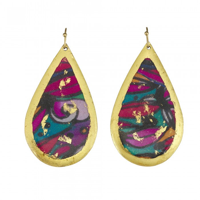 Handcrafted Brass Teardrop Earrings with 22Kt Gold Leaf "Alexis" Large Teardrop Earrings on wires by Evocateur - 2" Drop