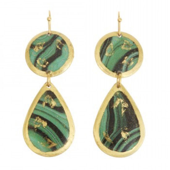 Handcrafted Brass Teardrop Earrings with 22Kt Gold Leaf "Malachite Mini" on wires by Evocateur - 2" Drop