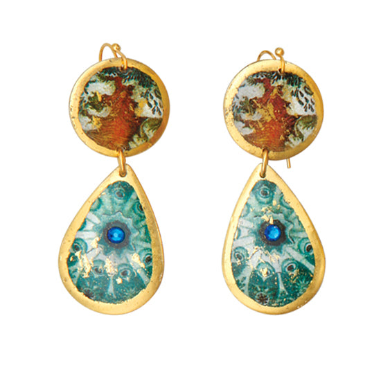 Handcrafted Brass Teardrop Earrings with 22Kt Gold Leaf "Jellies" on wires by Evocateur - 2" Long   