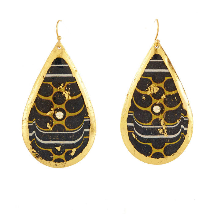 Handcrafted Brass Large Teardrop Earrings with 22Kt Gold Leaf "Barcelona" on wires by Evocateur - 2 1/2" Drop