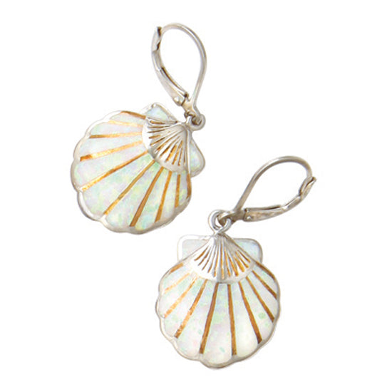 Scallop Shell Earrings with Lab Created White Opal by Kovel.   Made from 925 Rhodium Silver with Delicate 18Kt Gold Accent Plating.   